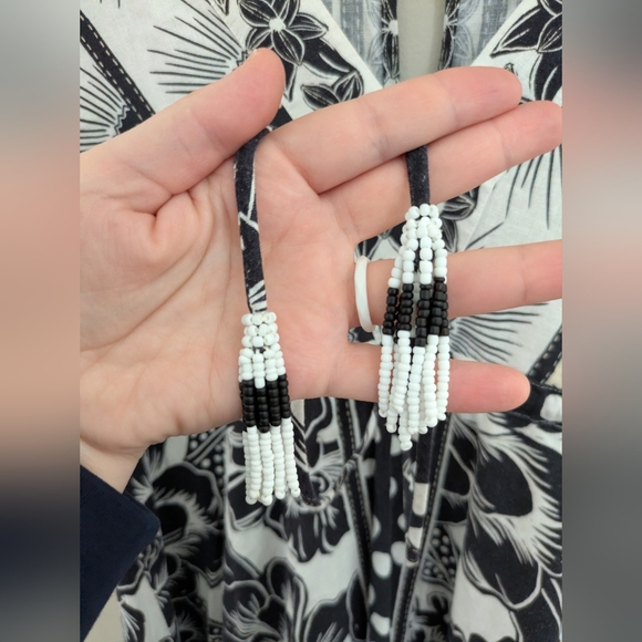 Farm Rio Puff Sleeve Linen Anthropologie Black White Beaded Mini Dress Size S - Picture 8 of 11
